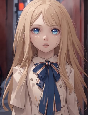 ,(looking at viewer),(cowboy shot dynamic pose:1.22),M3GEN/(Robot Girl/), 1girl, solo, long hair, blonde hair, realistic, blurry, blue eyes, bow, photo inset, upper body, bowtie, parted lips, ribbon, lips,detailed shiny skin,perfect and very white teeth,finely detailed beautiful eyes,Ultra-fine facial detail,eyelashes,Glossy pink lips,(detailed The dark and terrifying alleys background:1.4),outdoors,(day:1.33),depth of field,intricate,elegant,highly detailed,digital photography,masterpiece,hdr,,