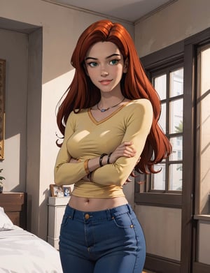 jean grey,long red hair,makeup, green eyes, necklace, jewellery, bracelet, yellow shirt, bottomless, wearing white panties, long sleeves, looking at viewer, serious, seductive smile, blush, 
standing, arms crossed, interior of a mansion bedroom, window, closed curtains, extreme detail,masterpiece, beautiful quality, 
,CARTOON_jeangrey_costume_ownwaifu