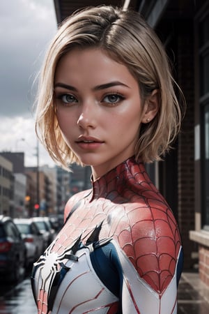 18 yo girl, white spider man suit, short blunt hair, blonde, beautiful face, rain, roof, masterpiece, intricate detail, perfect anatomy
