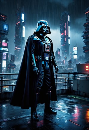 Dark Vador, (((full-body))),Cypherpunk style, wide shot, street, Breathtaking, 8k resolution, extremely detailed, beautiful, establishing shot, artistic, hyperrealistic, ultra realistic render, extremely fine details, like-like render, cinematic lighting, dramatic volumetric lighting, masterpiece, light brazen, extremely detailed and beautiful face, 150mm, HDR10  ,Cyberpunk, in heavy raining futuristic tokyo rooftop cyberpunk night, sci-fi, fantasy, intricate, very very beautiful, elegant, neon light, highly detailed, digital painting, artstation, concept art, soft light, hdri, smooth, sharp focus, illustration,