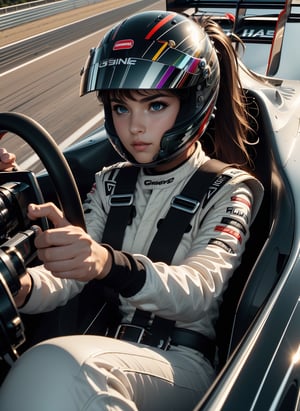 (((masterpiece))), (((best quality))), (((driving a formula racing))), ((fingers on steering wheel)), sitting on driver's seat, sharp eyes, ((helmet)), ((black uniform)), (((speed lines))), ((electricity)), ((spiral wind)), solo, 1girl, big tits, ponytail, sweat, slim figure, lora:girllikeformularacing:1
