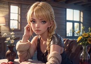 lora:Astrid_Character:0.8, AstridWaifu, (long hair, blonde, blue eyes, braid:1.2), (armor:1),
1girl, 22yo, (Ginger hair bangs bob braid:1.1),(hazel eyes:1), earring, look at viewer, close up, tilt head sideway, (mascara, eyeliner, Natural makeup look, Wide-set eyes:0.6), peach skin color, skin pores,
(Top quality, masterpiece,best quality, 8k wallpaper, hyper-realistic, ultra details:1.3), Detailed face and eyes, (bright colors), (perfect lighting, cinematic light, bloom:1.1),(light on face:1.33), sunlight in the window, (sharp focus, depth of field, bokeh:1.2),(dynamic angle:1.6),
Bed Couch, Sheepskin Rug, (beautiful +detailed+intricate scenery:1), golden hour, silhouetted shadow, evening light, soft focus, flower vase,
lora:GoodHands-vanilla:0.9, nice hands, perfect hands, lora:BetterFeet:0.8, BetterFeet, (fcDetailPortrait:0.6),