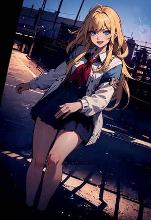 (masterpiece, best quality),  a cute and cheerful woman,l with long, blonde hair and blue eyes, wearing a school uniform, outdoors, scenery, dutch angle, extremely detailed. 