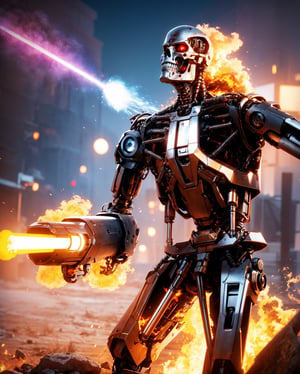 (lora:T800Endoskeleton-10:0.8), (RAW photo, real life, absurdres, high quality, photorealistic, detailed, realistic:1.3), (solo:1.3), ((dynamic pose)), a high resolution comic book art photo of a T800Endoskeleton robot with red eyes and metal skull face and chrome metal body and holding a futuristic gun shooting lasers, standing on a hill of skulls, dark sky and fire and flames and smoke and explosions and robots and post apocalypse war in the background, cinematic, atmospheric, 8k, realistic lighting, shot by Hassleblad H6D, Zeiss, Kodachrome, nikon, 50mm 1.2 lens, Octane Render, ultra realistic, realistic lighting, photorealistic, photorealism, photoreal, unreal engine 5, Adobe After FX, highly detailed, intricate detail