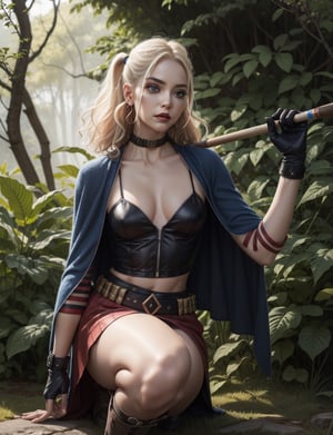 lora:harley:1,  h4rl3y, 1girl, blonde hair, blue eyes,makeup,skirt, lipstick,pantyhose,Make a top-notch, best quality masterpiece, Superwoman, Tall, in shape, Oval Face, Dark Skin, Platinum Blonde Hair, jade Eyes, Straight Nose, Thin Lips, Round Chin, Long Hair, Curly Hair, Stacked Bob, natural breasts, Dangle earrings, rust stain lipstick, Ink Drawing, dramatic, crawling, Expanding, Graffiti ,portrait, looking down, solo, upper body, detailed background, detailed face, (lora:StonepunkAI:0.6, stonepunkAI, stone theme:1.1) scout,  kneeling on one knee, medieval fantasy setting, high fantasy, green  leather clothes, cape, gloves,  pouch,  belt, enchanted forest, bushes, vines,  rocks,   evergreen trees, roots,     (butterflies:0.9), feathers, wildlife, arrows in quiver,  rain, mist,
,pikkyharleyquinn
