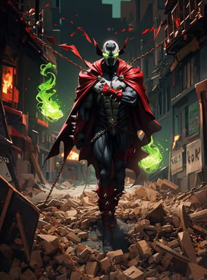 spawn2023, helmet, long red collar, red cowl, red cape, chains, skulls, glowing green eyes, red gauntlets, spikes, dramatic lighting, hyper realistic, raw image, 8k, muscular, uhd, best quality, award winning photo, rtx on, unreal engine 5, full body, wide angle shot, head to toe, gothic city, superhero pose, absurdres, long cape, large red boot, large gauntlet, flowing cape, round axe, asymmetrical red armor,
