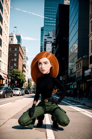 lora:Kim_Possible:1,Orange-red hair, green eyes, confident expression, black turtleneck, black gloves, brown belt, green cargo pants, pale skin, thin eyebrows, crouching, bent legs, 