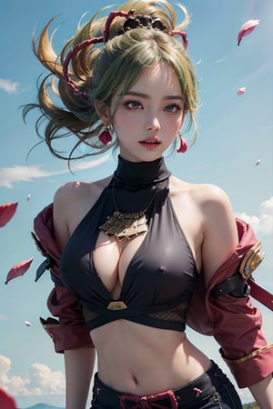 (masterpiece,best quality,ultra high res:1.1),(photo-realistic:1.2),
-
1girl,(beautiful face,exquisite face,ulzzang6500V:1.2),(wet skin:1),
solo,long hair,(floating hair,wind hair,gale,skin texture:1.2),nsfw,
-
(full body,from above:0.8),(armlet,jewelry,necklace,filigree,earrings),
(open clothes,chest cutout,plunging neckline,low neckline:1.1),
-
(horizon:1.2),(longView,huge falling petals:1.5),(simple sky:1.6),
-
lora:shinobukukiV1:1,(shinobu kuki,green hair,ponytail,turtleneck,black top,bare shoulders,black gloves,jacket,coat,fishnet,hair ornament,armor,midriff,shorts:1.3)
