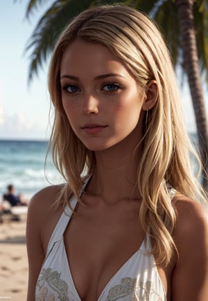 (extremely detailed, realistic, perfect lighting, vibrant colors,intricate details,absurdres),(masterpiece, high detailed skin:1.3),1girl,light blonde hair,layered hair, in the detailed beach, solid smlie, 