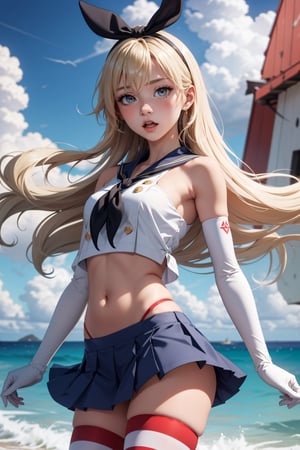 masterpiece, best quality, highres, skancolle, grey eyes, hairband, blonde hair, serafuku, neckerchief, crop top, gloves, elbow gloves, white gloves, navel, blue skirt, thighhighs, striped, striped thighhighs, ocean, clouds, :o, cowboy shot, blonde h