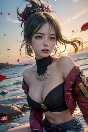 (masterpiece,best quality,ultra high res:1.1),(photo-realistic:1.2),
-
1girl,(beautiful face,exquisite face,ulzzang6500V:1.2),(wet skin:1),
solo,long hair,(floating hair,wind hair,gale,skin texture:1.2),nsfw,
-
(full body,from above:0.8),(armlet,jewelry,necklace,filigree,earrings),
(open clothes,chest cutout,plunging neckline,low neckline:1.1),
-
(horizon:1.2),(longView,huge falling petals:1.5),(simple sky:1.6),
-
lora:shinobukukiV1:1,(shinobu kuki,green hair,ponytail,turtleneck,bare shoulders,gloves,jacket,coat,fishnet shirt,hair ornament,armor,midriff,shorts:1.3)
