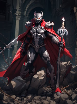 King spawn2025, demonic helmet, long black collar, black cowl, black cape, chains, skulls, glowing red eyes, black gauntlets, spikes, dramatic lighting, hyper realistic, raw image, 8k, muscular, uhd, best quality, award winning photo, rtx on, unreal engine 5, full body, wide angle shot, head to toe, gothic city, superhero pose, absurdres, long cape, large red boot, large gauntlet, flowing cape, round axe, asymmetrical red armor, 300dpi, upscaled 8K, masterpiece, finest quality art, perfect anatomy 
