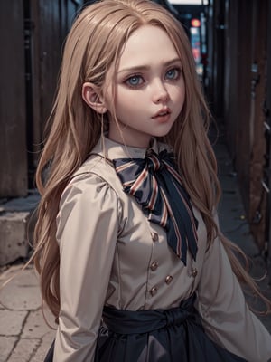 ,(looking at viewer),(cowboy shot dynamic pose:1.22),M3GEN/(Robot Girl/), 1girl, solo, long hair, blonde hair, realistic, blurry, blue eyes, bow, photo inset, full body, bowtie, parted lips, ribbon, lips,detailed shiny skin,perfect and very white teeth,finely detailed beautiful eyes,Ultra-fine facial detail,eyelashes,Glossy pink lips,(detailed The dark and terrifying alleys background:1.4),in the room, (day:1.33),depth of field,intricate,elegant,highly detailed,digital photography,masterpiece, black clothes