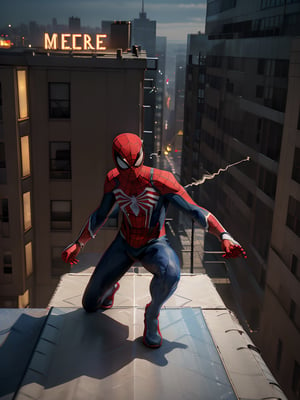 spideyadv2, 1 man crouching on rooftop, 5 fingers, best quality, masterpiece, 8k, uhd, night, new york, flexible man, spiderman pose, comic book style