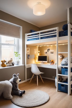 13 year old, pretty face, long haired boy in bedroom, IKEA style room, showing full room, with bunk bed and desk underneath, plush animals, calm warm lighting.