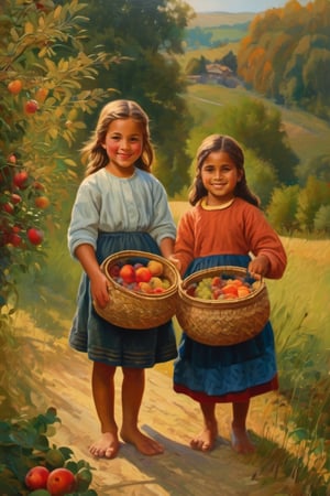 painting of kids holding traditional woven baskets with fruit in them, late summer scenery