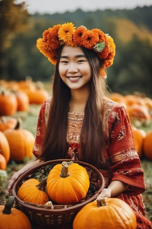 girl holding a woven basket filled with pumpkins, Polish traditional dress, smiling, Vietnamese girl, long hair with floral wreath on her head 