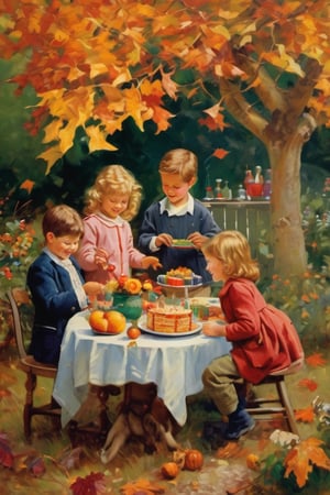 painting of kids having a party in a garden, autumn scene