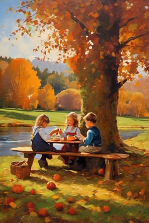 painting of kids sitting at a picnic having tea, autumn scene