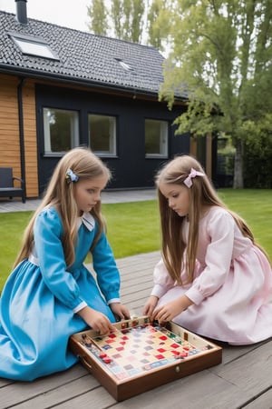 little girls playing board game outside in yard, very long hair, wearing long dresses with ribbons, modern swedish house in the background