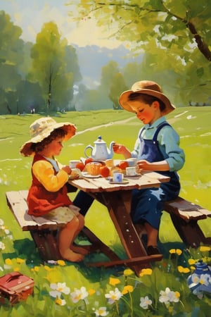 kids sitting at a picnic having tea, spring scene, by studio ghibl