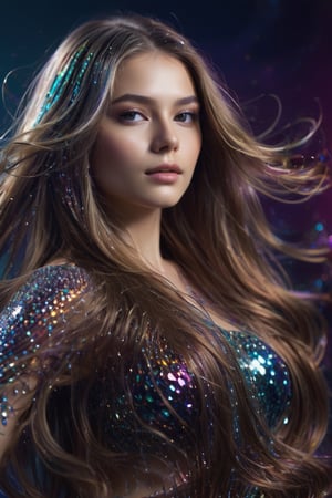 photograph of beautiful youth, glass skin, long flowing hair, An award winning CG, abstract style, 4k, key visual, masterpiece, rich and deep colors, studio photography, ultra sharp, vibrant, Swarovski crystal, at the bottom of the view, curvy, elegant, flowy, graceful, stunning caustics, beautiful refections, amazing highlights, simple gradient background