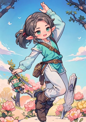 Link from Legend of Zelda, boyish,wearing green tunic holding a sword, long dark brown hair in low ponytail, big elf ears, joyful dynamic pose,kleedef