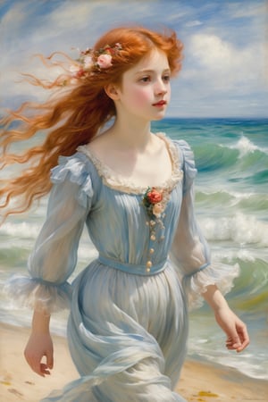 Create image
Pierre-Auguste Renoir, delicate ethereal painting of a young girl walking by the ocean, long red hair, flowing wind blown clothing and hair, soft details, wearing pearls and roses in her hair