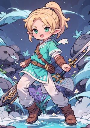 Link from Legend of Zelda, wearing green tunic holding a sword, long dark brown hair in low ponytail, big elf ears, joyful dynamic pose