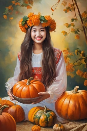 girl holding a bowl of pumpkins, Polish traditional dress, smiling, Vietnamese girl, long hair with floral wreath on her head 