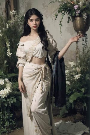beautiful youn girl wearing flowing flouncy clothing, showing pretty skin, very long hair, European, Asian, dynamic pose against a wall filled with flora and other plants, gentle smile,oilpainting