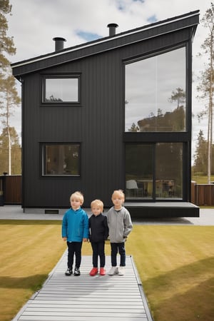 kids standing infront of a modern Swedish home