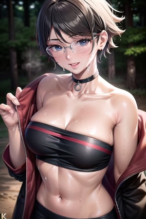 Realistic, (((Photorealistic))), beautiful girl (((masterpiece))), (hd shot), absurdres, (((intricate details))), (colorful),((cinematic lighting)),bust shot,(((extremely detailed CG unity 8k wallpaper))),1girl,  short hair, sarada, black hair, pose,smile, glasses, forest, woods, ((exposed_stomach)),steaming_body, (((sweating))), black and red jacket, black top wear, exposed upper chest, strapless, side_breast