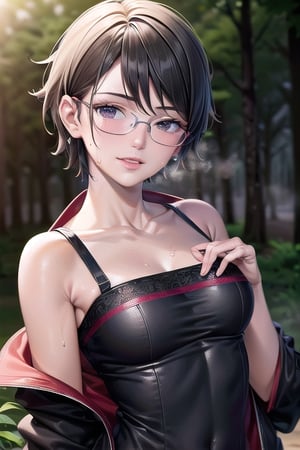 Realistic, (((Photorealistic))), beautiful girl (((masterpiece))), (hd shot), absurdres, (((intricate details))), (colorful),((cinematic lighting)),bust shot,(((extremely detailed CG unity 8k wallpaper))),1girl,  short hair, sarada, black hair, pose,smile, glasses, forest, woods, ((exposed_stomach)),steaming_body, sweat, black and red jacket, black top wear, exposed chest