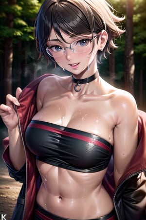 Realistic, (((Photorealistic))), beautiful girl (((masterpiece))), (hd shot), absurdres, (((intricate details))), (colorful),((cinematic lighting)),bust shot,(((extremely detailed CG unity 8k wallpaper))),1girl,  short hair, sarada, black hair, pose,smile, glasses, forest, woods, ((exposed_stomach)),((steaming_body)), (((sweating))), black and red jacket, black top wear, exposed upper chest, strapless, side_breast, (((glistening_skin)))