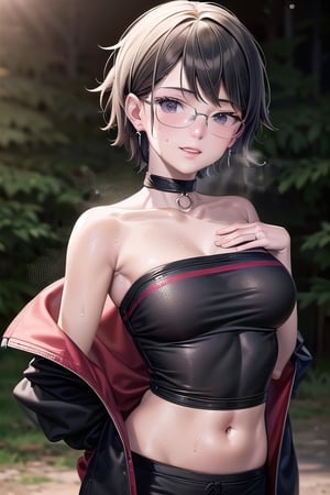 Realistic, (((Photorealistic))), beautiful girl (((masterpiece))), (hd shot), absurdres, (((intricate details))), (colorful),((cinematic lighting)),bust shot,(((extremely detailed CG unity 8k wallpaper))),1girl,  short hair, sarada, black hair, pose,smile, glasses, forest, woods, ((exposed_stomach)),steaming_body, sweat, black and red jacket, black top wear, exposed chest