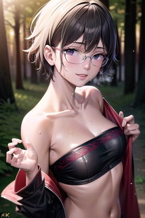 Realistic, (((Photorealistic))), beautiful girl (((masterpiece))), (hd shot), absurdres, (((intricate details))), (colorful),((cinematic lighting)),bust shot,(((extremely detailed CG unity 8k wallpaper))),1girl,  short hair, sarada, black hair, pose,smile, glasses, forest, woods, ((exposed_stomach)),steaming_body, sweat, black and red jacket, black top wear, exposed chest