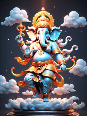 Ganpati bappa, god of wisdom, spear, circle of sword behind, ,mythical clouds, colourfull, shiny silver armor, detailed face, ,xxmix_girl, realistic, 