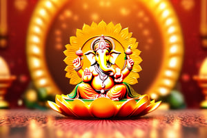 Ganpati Bappa , realistic, 3d_render, 4k, 32k uhd lighting, professional photography, reflection, professional lighting, colorful, detailed, gradiant_background , golden background, 