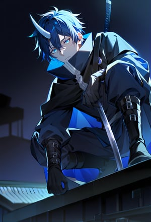 (zPDXL),score_9, score_8_up, score_7_up, rating explicit, 1boy, male focus,solo,blue hair, blue eyes,glowing eyes,bright eyes,sharp eyes,single horn,emotionless,assasin outfit,high collar,black cape,boots,black gloves,posing,(katana on the back,squatting,roof top,half body in the shadow),dark,midnight,modern,outdoor,from below,best quality,amazing quality,best aesthetic, absurdres, year 2023,souei_tensura, blue hair,dark theme