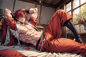 red hair, yellow eyes,1boy, teen, 18 years old, solo,alone,tight unfit open shirt,open chest,open suit, masterpiece, best quality, masterpiece,best quality,official art,extremely detailed CG unity 8k wallpaper,male ,chubby,male focus,blushing, shy, lustful, man erotic,tight trouser, vpl, depth of field,strong,clear facial features, muscles,abs, ,lying back,black socks, ,anime_coloring,solo,VPL,huge breasts, better eyes detail,hairy body,black socks,soles of feet, posterior,two arms, normal legs,ultra detailed, best quality, two legs, normal legs,two feet,good anatomy,hands behind head,normal thigh, thin thigh, legs_spread , two feet, good body anatomy,seperated feet,leaning back,huge breasts,legs bend,1male,emotionless,lying back, leaning back, spread legs,one leg bends, on bed,lying down,legs straight, leg bend,seated, stood,Male focus,midjourney,Muscular,niji,Hard Gay focus,1boy ,big breasts,better feet,,better toes,normal toes,suit,benimaru_tensei_shitara, best quality,Muscular ,bara