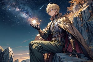 1boy, male focus, mature, male focus, 18 years old,solo, blonde hair,green eyes,bang,tight clothes, gentle, soft,cape, military cape,ahoge, sleeves, sleeves shirt, gloves,detached sleeves,gold trim, black suit, jacket,swept bangs,black gloves, best quality, anime, better quality, normal hands, normal fingers, better fingers, perfect hands,normal arms, two arms,jewelry,detail fingers,anime_coloring, trousers, ,fantasy background, western style background, closed mouth,emotionless,seated on a rock, one foot on the ground other foot on the rock,itsuhito_sakaki, night, stars in the sky, meteors, epic sky