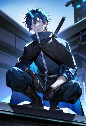 (zPDXL),score_9, score_8_up, score_7_up, rating explicit, 1boy, male focus,solo,blue hair, blue eyes,glowing eyes,bright eyes,sharp eyes,single horn,emotionless,assasin outfit,high collar,black cape,boots,black gloves,posing,(katana on the back,squatting,roof top,half body in the shadow),dark,midnight,modern,outdoor,from below,best quality,amazing quality,best aesthetic, absurdres, year 2023,souei_tensura, blue hair,dark theme