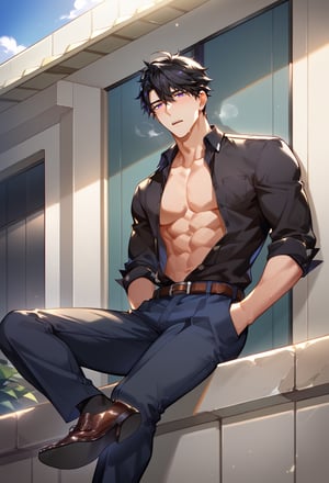 score_9, score_8_up, score_7_up, score_6_up, score_5_up, score_4_up,rating explicit,source_anime,1boy, man,solo,shoes focus,tall,muscular,slim,loosed necktie,black shirt,unbuttoned shirt,belt, trouser, school uniform,black socks, no shoe,(breathe deeply,sexy,blush,emotionless),sitting, sitting on balcony,with legs crossed,hands in pocket,outdoor,from below,best quality,perfect shading,perfect anatomy, perfect proportions, high_resolution,best aesthetic, absurdres,Expressiveh, Crow,black hair,hair over eye,purple eyes