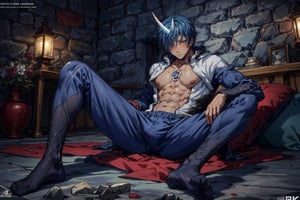 dark blue hair, aqua eyes,1boy, teen, 18 years old, solo,alone,tight unfit open shirt,open chest,open suit, masterpiece, best quality, masterpiece,best quality,official art,extremely detailed CG unity 8k wallpaper,male ,chubby,male focus,blushing, shy, lustful, man erotic,tight trouser, vpl, depth of field,strong,clear facial features, muscles,abs, ,lying back,black socks, ,anime_coloring,solo,VPL,huge breasts, better eyes detail,hairy body,black socks,soles of feet, posterior,two arms, normal legs,ultra detailed, best quality, two legs, normal legs,two feet,good anatomy,hands behind head,normal thigh, thin thigh, legs_spread , two feet, good body anatomy,seperated feet,leaning back,huge breasts,legs bend,1male,emotionless,lying back, leaning back, spread legs,one leg bends, on bed,lying down,legs straight, leg bend,seated, stood,Male focus,midjourney,Muscular,niji,Hard Gay focus,1boy ,big breasts,better feet,,better toes,normal toes,suit,souei_tensei_shitara,single horn, best quality,Muscular 