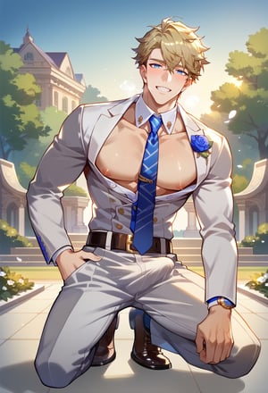 score_9, score_8_up, score_7_up, score_6_up, score_5_up, score_4_up,rating explicit,source_anime,1boy, man,solo,shoes focus,tall,muscular,slim,puffy pectorals under clothes,white suit, white shirt,wedding clothes,necktie,trouser, belt,(breathe deeply,sexy,blush,smile),one knee kneeling,proposing pose,(hand reached out),hand in pocket,romance,outdoor,garden,dawn,best quality,perfect shading,perfect anatomy, perfect proportions, high_resolution,best aesthetic, absurdres,Expressiveh,Gepard,blonde hair,tsurime,blue eyes