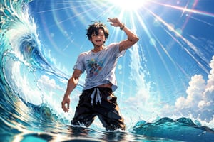 In the vibrant pool, a cool young man immerses himself in playful delight. Sporting a white t-shirt and trousers, he exudes a carefree aura while enjoying the refreshing waters. His face beams with happiness, showcasing the joy he finds in this moment of pure bliss.

As the water splashes against him, his white t-shirt becomes soaked, giving a glimpse of his slender chest beneath. The damp fabric clings to his body, accentuating his physique and adding an element of allure to the scene.

The photo captures the precise moment when a wave approaches, freezing the anticipation and excitement in time. The brilliant sunlight casts its golden rays, bathing him in a radiant glow, highlighting his youthful energy and creating a captivating visual contrast.

This photo encapsulates the essence of carefree fun and youthful exuberance. The combination of the wet t-shirt, the approaching wave, and the radiant sunlight evokes a sense of freedom and invigoration. It invites the viewer to embrace the joy of playfulness and the beauty of embracing the elements.1boy, male, about 23 years old, young, solo, alone, two arms, two hands, normal hands and arms, two legs, normal anatomy, best body anatomy, normal, 8k poster, best quality, best composition, midjourney, better hands and fingers, separated fingers, better feet, separated feet, emotionless, full image, full background, detailed bronze skin ,perfect eyes, FFIXBG, midjourney style portrait, midjourney, Sketch, Anime, hand-drawn style, hand sketch, depth of field, softer body line,Itadori, best body composition, full body image, leg crossed, emotionless, holding a coffee, normal hands, normal numbers of fingers,midjourney portrait