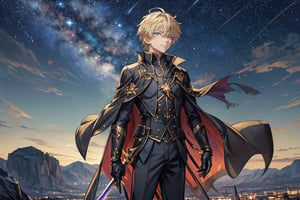 1boy, male focus, mature, male focus, 18 years old,solo, blonde hair,green eyes,bang,tight clothes, gentle, soft,cape, military cape,ahoge, sleeves, sleeves shirt, gloves,detached sleeves,gold trim, black suit, jacket,swept bangs,black gloves, best quality, anime, better quality, normal hands, normal fingers, better fingers, perfect hands,normal arms, two arms,jewelry,detail fingers,anime_coloring, trousers, ,fantasy background, western style background, closed mouth,emotionless,stabb the sword into the ground,itsuhito_sakaki, night, stars in the sky, meteors, epic sky