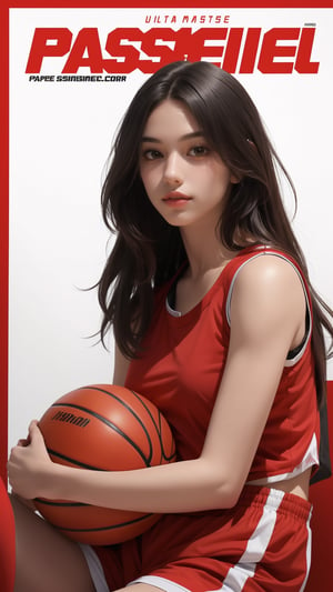 (masterpiece, realistic paper art), 1girl, solo, hold basketball, black long hair, (((red top))), (((red basketball shorts))), red long socks, red sneakers, Confidence and pride,1 girl ,beauty,Young beauty spirit, realistic, ultra detailed, photo shoot, basketball magazine poster,magazine cover