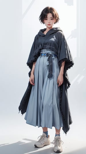 (masterpiece, realistic paper art), 1girl, solo, black short hair, (((black oversized poncho))), (((blue long skirt))), (((blue waist obi belt))), blue socks, sneakers, Confidence and pride,1 girl ,beauty,Young beauty spirit, realistic, ultra detailed, photo shoot, chromatic_background